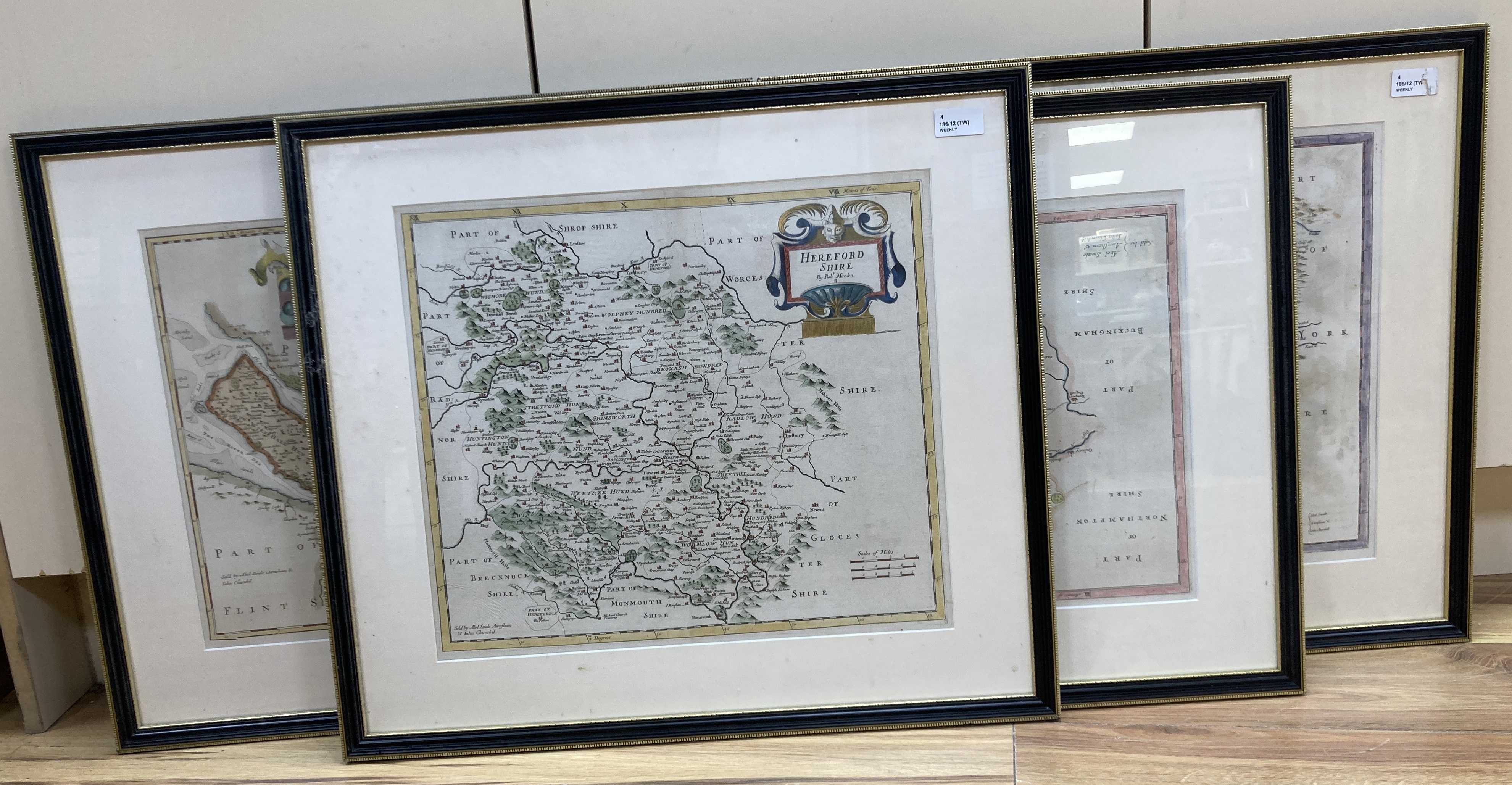 Four hand-coloured engraved county maps after Robert Morden (Camden's Britannia)